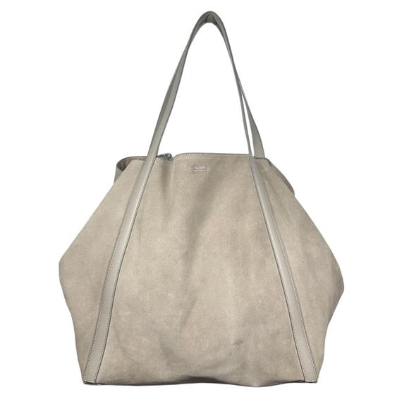 Reiss Beige Suede Slouchy Tote Bag Leather Trim Soft Unstructured Shoulder Purse - Picture 2 of 15